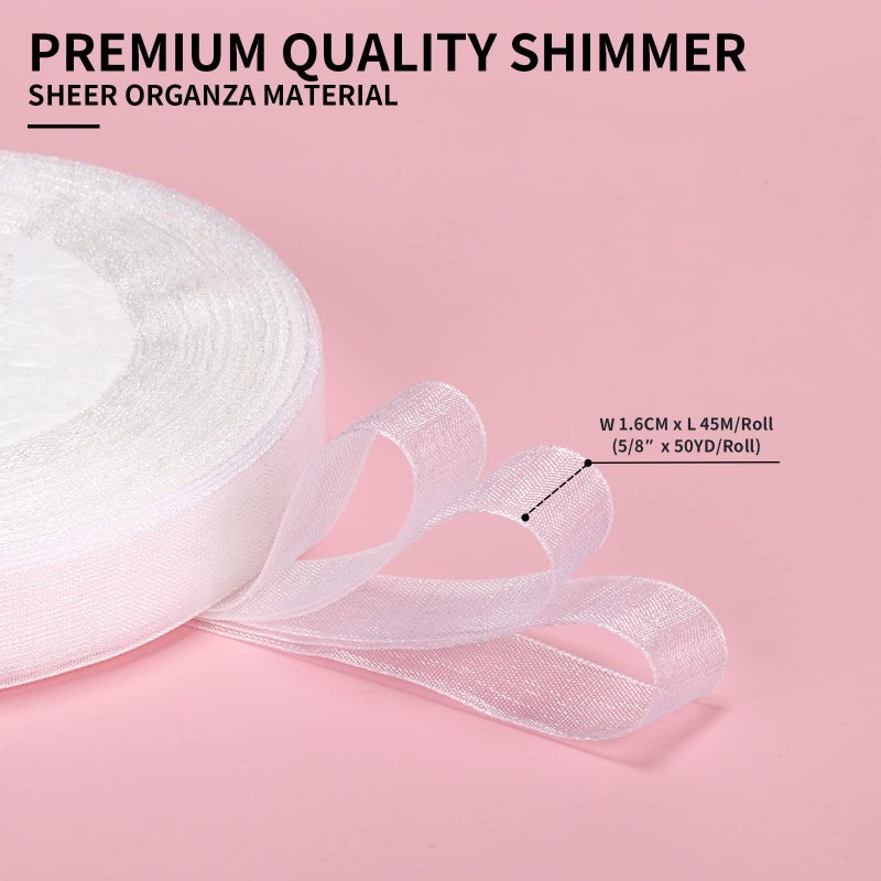 molshine 50 Yards x 5/8 Inch Shimmer Sheer Organza Ribbon,Chiffon Fabric Ribbons for Bouquets Garland,Bowknot,Wedding,Gift Wrapping,Hair,Crafts,Decoration (White, 5/8") - Image 2